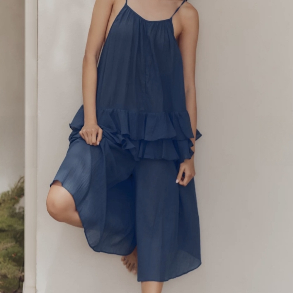 Anthro Celandine Tie Strap Ruffled Gauze Wide Leg Jumpsuit